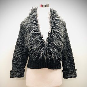 Umgee Charcoal-Black-White Faux Fur Cardigan, Sz L